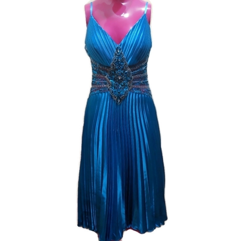 Aspeed Blue Tapered Hand Beaded V-neck Spaghetti Strap Formal Dress Size Women M